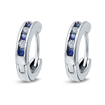 Eternity Huggie Hoop Earrings Channel Round Simulated Blue Sapphire Cubic Zirconia 925 Sterling Silver